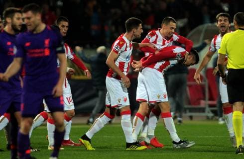 06.11.2018 Belgrade(Serbia) FK Crvena Zvezda(Red Star)-FC Liverpool Champions League men s football Milos Degenek(4th from right),Milan Rodic(3rd from right),Milan Pavkov(2nd from right),Filip Stojkovic(R)FK Crvena Zvezda(Red Star) celebrate second scored goal : 