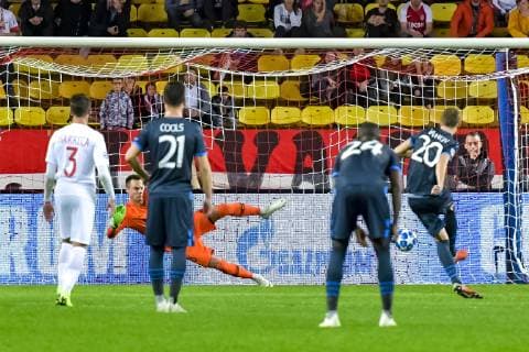Fußball, CL, AS Monaco - FC Brügge Penalty - Hans Venaken (Club bruges) FOOTBALL : AS Monaco vs Club Bruges - Ligue des Champions - Monaco - 06 11 2018 NorbertScanella Panoramic 