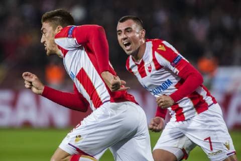 6th November 2018, FK Cukaricki Stadium, Belgrade, Serbia; UEFA Youth League football, Red Star Belgrade versus Liverpool; Milan Pavkov of Red Star Belgrade celebrates scoring his goal for 1-0 in the 22nd minute with Nenad Krsticic of Red Star Belgrade  ActionPlus12076831 NikolaxKrstic