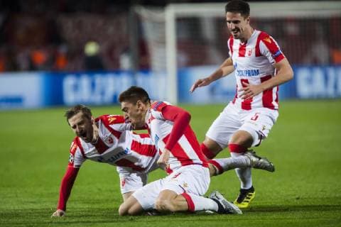 6th November 2018, FK Cukaricki Stadium, Belgrade, Serbia; UEFA Youth League football, Red Star Belgrade versus Liverpool; Milan Pavkov of Red Star Belgrade celebrates scoring his goal for 1-0 in the 22nd minute with Milos Degenek and Marko Marin of Red Star Belgrade  ActionPlus12076833 NikolaxKrstic