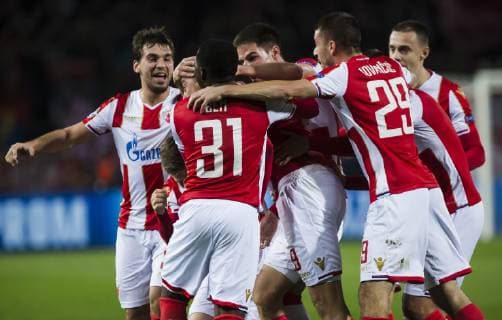 6th November 2018, FK Cukaricki Stadium, Belgrade, Serbia; UEFA Youth League football, Red Star Belgrade versus Liverpool; Milan Pavkov of Red Star Belgrade celebrates scoring his goal for 1-0 in the 22nd minute with with his team mates  ActionPlus12076834 NikolaxKrstic