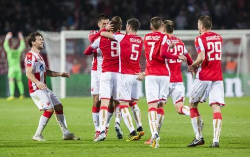 6th November 2018, FK Cukaricki Stadium, Belgrade, Serbia; UEFA Youth League football, Red Star Belgrade versus Liverpool; Milan Pavkov of Red Star Belgrade celebrates scoring his second goal for 2-0 in minute 29, with his team mates  ActionPlus12076841 NikolaxKrstic