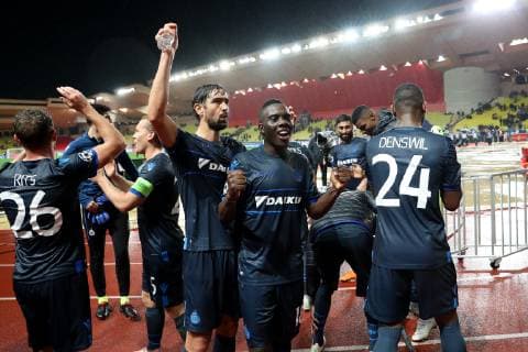 Fußball, CL, AS Monaco - FC Brügge Club s players celebrate after a game between AS Monaco and Belgian soccer team Club Brugge KV in the Principality of Monaco, Tuesday 06 November 2018, on day four of the UEFA Champions League, in group A. BRUNOxFAHY  x05462859x