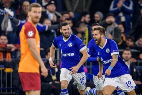 Daniel Caligiuri FC Schalke 04 18 and Guido Burgstaller FC Schalke 04 19 cheering goals after scoring 1-0 at the Champions League match between FC Schalke 04 and Galatasaray Istanbul on 06 11 2018 FC Schalke 04 vs Galatasaray Istanbul Champions League Group stage 06 11 2018 Gelsenkirchen Copyright: xSchuelerx xEibnerx-xPressefotox EP_EER