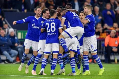 Schalker celebrating his goal after Guido Burgstallers 1-0 goal with FC Schalke 04 19 concealed at the Champions League match between FC Schalke 04 and Galatasaray Istanbul on 06 11 2018 FC Schalke 04 vs. Galatasaray Istanbul Champions League Group stage 06 11 2018 Gelsenkirchen Copyright: xSchuelerx xEibnerx-xPressefotox EP_EER
