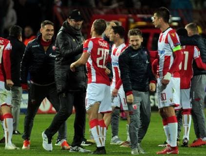 06.11.2018 Belgrade(Serbia) FK Crvena Zvezda(Red Star)-FC Liverpool Champions League men s football Jürgen Klopp(2L) FC Liverpool coach congratulate victory after match to FK Crvena Zvezda(Red Star) players Goran Causic(3L),Marko Marin(4L),Vujadin Savic(r),Nikola Stojiljkovic(L) : 