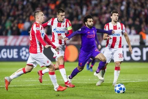 6th November 2018, Rajko Mitic Stadium, Belgrade, Serbia; UEFA Champions League football, Red Star Belgrade versus Liverpool; Mohamed Salah of Liverpool breaks past Milan Rodic, Filip Stojkovic and Vujadin Savic of Red Star Belgrade  ActionPlus12076863 NikolaxKrstic