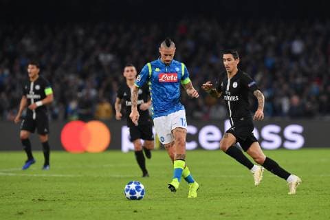 Fußball, CL, SSC Neapel - Paris St. Germain Photo Cafaro LaPresse November 6, 2018 Naples, Italy soccer SSC Napoli vs Paris Saint-Germain - UEFA Champions League 2018 19 season Group C matchday 4 - San Paolo stadium. In the pic: Marek Hamsik (SSC Napoli), Angel Di Maria (Paris Saint-Germain).  Copyright: xCafaro LaPressex