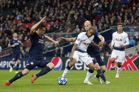 (L-R), Nick Viergever of PSV, Lucas of Tottenham Hotspur, Jorrit Hendrix of PSV during the UEFA Champions League group C match between Tottenham Hotspur FC and PSV Eindhoven at the Wembley stadium on November 06, 2018 in London, England UEFA Champions League 2018 2019 xVIxVIxImagesx xJeroenxPutmansxIVx 12695609