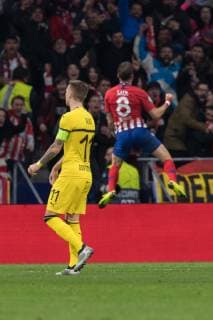 Football Champions League Group Phase 4 Matchday Atletico Madrid Borussia Dortmund on 06 11 2018 at Wanda Metropolitano in Madrid Goal celebration to 1 0 by Saul Niguez Madrid DFL Regulations prohibit any use of photographs as image sequences and or quasi video xMNx