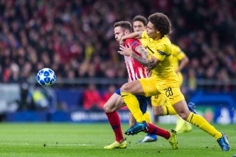 Madrid Spain 06 11 2018 UEFA Champions League 2018 19 Season back group stage Group A 4 Matchday Club Atletico de Madrid Borussia Dortmund Saul Niguez Atletico de Madrid and Axel Witsel Borussia Dortmund in duel battle for the ball DeFodi531