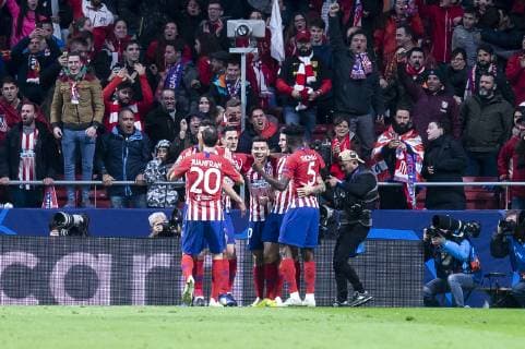 Atletico de Madrid Juanfran Torres, Jose Maria Gimenez, Angel Martin Correa, Saul Niguez and Thomas Teye celebrating a goal during group stage of UEFA Champions League match between Atletico de Madrid and Borussia Dortmund at Wanda Metropolitano in Madrid, Spain.November 06, 2018.  (5266022)