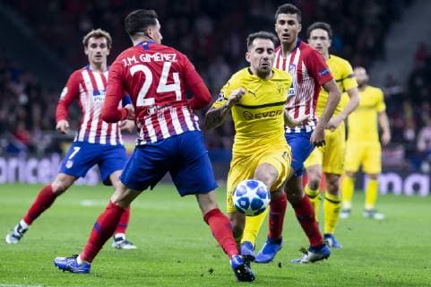 Atletico de Madrid Jose Maria Gimenez and Borussia Dortmund Paco Alcacer during group stage of UEFA Champions League match between Atletico de Madrid and Borussia Dortmund at Wanda Metropolitano in Madrid, Spain.November 06, 2018.  (5230019)