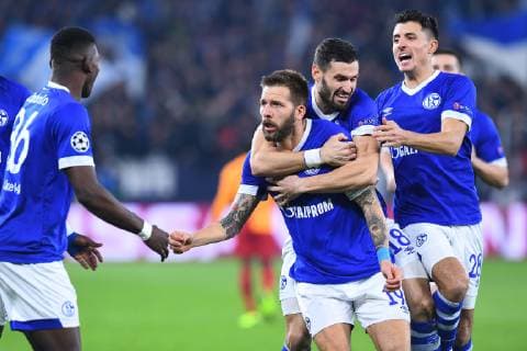 Football Champions League Group Phase 4 Matchday FC Schalke 04 Galatasaray Istanbul on 06 11 2018 in the Veltins Arena in Gelsenkirchen Goal celebration to 1 0 by Guido Burgstaller Schalke DFL Regulations prohibit any use of photographs as image sequences and or quasi video xRx