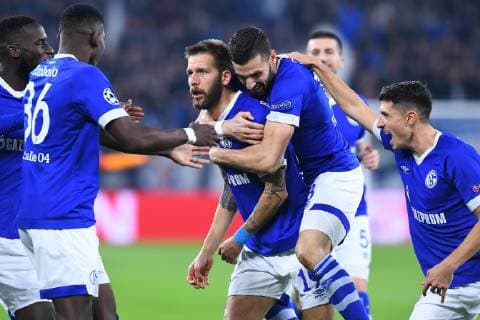 Football Champions League Group Phase 4 Matchday FC Schalke 04 Galatasaray Istanbul on 06 11 2018 in the Veltins Arena in Gelsenkirchen Goal celebration to 1 0 by Guido Burgstaller Schalke DFL Regulations prohibit any use of photographs as image sequences and or quasi video xRx