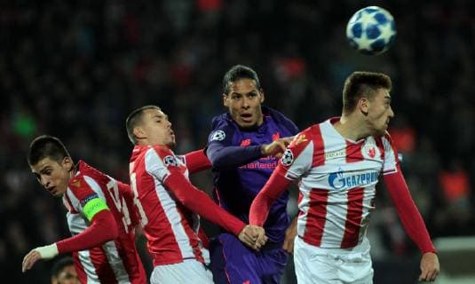 06.11.2018 Belgrade(Serbia) FK Crvena Zvezda(Red Star)-FC Liverpool Champions League men s football Virgil Van Dijk(3L) FC Liverpool between FK Crvena Zvezda(Red Star) players Vujadin Savic(L),Milan Rodic(2L),Milan Pavkov(R) : 