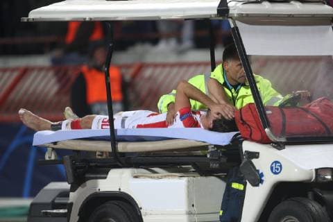FILIP STOJKOVIC injured player of Crvena zvezda during UEFA Champions league match against Liverpool at Rajko Mitic stadium, Beograd 06.11.2018 MarkoxMetlas 