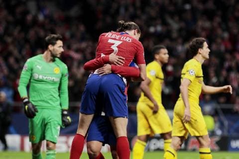 Atletico de Madrid s Filipe Luis (L) and Antoine Griezmann (R) celebrate goal during UEFA Champions League match between Atletico de Madrid and Borussia Dortmund at Wanda Metropolitano Stadium in Madrid, Spain. November 06, 2018.  (201811060026)
