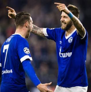 Gelsenkirchen 06 11 2018 Cheering goal Mark Uth S04 Guido Burgstaller S04 FC Schalke 04 Galatasaray Istanbul