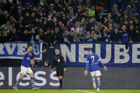 GELSENKIRCHEN, 06-11-2018, Veltins Arena, season 2018 2019, Champions League, Schalke 04 player Guido Burgstaller and Schalke 04 player Mark Uth celebrating the 2-0 during the match Schalke 04 - Galatasaray. Schalke - Galatasaray  x2602180x