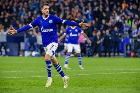Mark Uth FC Schalke 04 7 celebrating his goal after scoring the 2-0 goal of the Champions League match between FC Schalke 04 and Galatasaray Istanbul on 06 11 2018 FC Schalke 04 vs. Galatasaray Istanbul Champions League Group Phase 06 11 2018 Gelsenkirchen Copyright: xSchuelerx xEibnerx-xPressefotox EP_EER