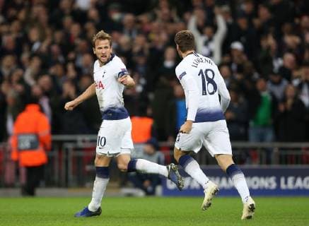 Harry Kane of Tottenham celebrates scoring the equalising goal during the UEFA Champions league Group B match at Wembley Stadium, London. Picture date 6th November 2018. Picture credit should read: Nigel French Sportimage EDITORIAL USE ONLY. No use with unauthorised audio, video, data, fixture lists, club league logos or live services. Online in-match use limited to 120 images, no video emulation. No use in betting, games or single club league player publications.