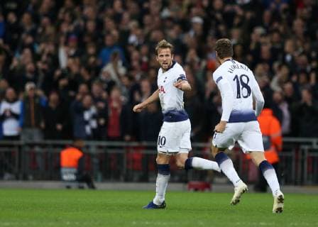 6th November 2018, Wembley Stadium, London England; UEFA Champions League football, Tottenham Hotspur versus PSV Eindhoven; Harry Kane of Tottenham Hotspur celebrates with Fernando Llorente of Tottenham Hotspur after scoring his sides 1st goal in the 77th minute to make it 1-1  ActionPlus12076925 JohnxPatrickxFletcher