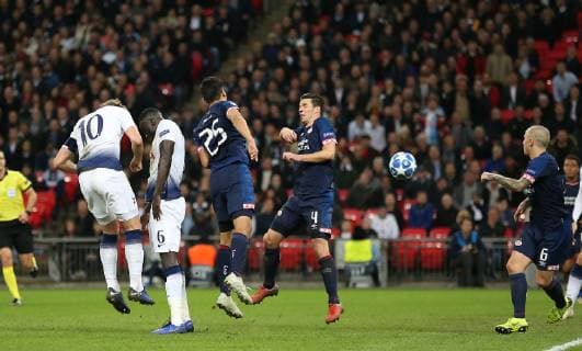 Harry Kane of Tottenham heads the second goal during the UEFA Champions league Group B match at Wembley Stadium, London. Picture date 6th November 2018. Picture credit should read: Nigel French Sportimage EDITORIAL USE ONLY. No use with unauthorised audio, video, data, fixture lists, club league logos or live services. Online in-match use limited to 120 images, no video emulation. No use in betting, games or single club league player publications.