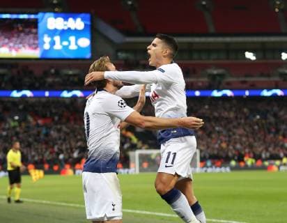 Harry Kane of Tottenham celebrates his winning goal with Erik Lamela of Tottenham during the UEFA Champions league Group B match at Wembley Stadium, London. Picture date 6th November 2018. Picture credit should read: Nigel French Sportimage EDITORIAL USE ONLY. No use with unauthorised audio, video, data, fixture lists, club league logos or live services. Online in-match use limited to 120 images, no video emulation. No use in betting, games or single club league player publications.