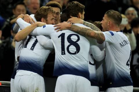 6th November 2018, Wembley Stadium, London England; UEFA Champions League football, Tottenham Hotspur versus PSV Eindhoven; Harry Kane of Tottenham Hotspur celebrates with team mates as he scores making it 2-1 in the last minute  ActionPlus12076973 ShaunxBrooks