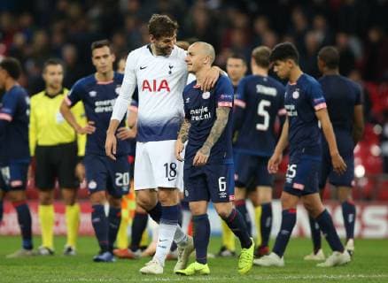 Fernando Llorente of Tottenham laughs with Angelino of PSV Eindhoven during the UEFA Champions league Group B match at Wembley Stadium, London. Picture date 6th November 2018. Picture credit should read: Nigel French Sportimage EDITORIAL USE ONLY. No use with unauthorised audio, video, data, fixture lists, club league logos or live services. Online in-match use limited to 120 images, no video emulation. No use in betting, games or single club league player publications.