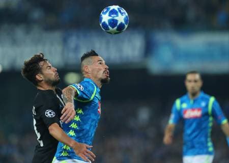 6th November 2018, Stadio San Paolo, Naples, Italy; UEFA Champions League football, Napoli versus Paris Saint-Germain; Marek Hamsik Napoli holds off the challenge to control the ball  ActionPlus12076991 NaFoto
