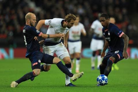 6th November 2018, Wembley Stadium, London England; UEFA Champions League football, Tottenham Hotspur versus PSV Eindhoven; Angelino of PSV Eindhoven challenges Harry Kane of Tottenham Hotspur  ActionPlus12077008 ShaunxBrooks