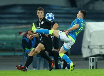 November 6, 2018 - Naples, Italy - SSC Napoli - Paris Saint-Germain : UEFA Champions League Group C .Thomas Meunier of Paris Saint-Germain and Mario Rui of Napoli at San Paolo Stadium in Naples, Italy on November 6, 2018. SSC Napoli v Paris Saint-Germain - UEFA Champions League Group C  - ZUMAn230 20181106_zaa_n230_482 Copyright: xMatteoxCiambellix