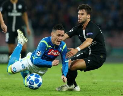 November 6, 2018 - Naples, Italy - SSC Napoli - Paris Saint-Germain : UEFA Champions League Group C .Jose Maria Callejon of Napoli and Juan Bernat of Paris Saint-Germain at San Paolo Stadium in Naples, Italy on November 6, 2018. SSC Napoli v Paris Saint-Germain - UEFA Champions League Group C  - ZUMAn230 20181106_zaa_n230_490 Copyright: xMatteoxCiambellix