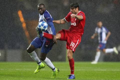 November 6, 2018 - Porto, Porto, Portugal - Porto s Malian forward Moussa Marega (L) vies with Vedran Corluka defender of FC Lokomotiv Moscow (R) during the UEFA Champions League, match between FC Porto and FC Lokomotiv Moscow, at Dragao Stadium in Porto on November 6, 2018 in Porto, Portugal. FC Porto v Lokomotiv Moscow - UEFA Champions  - ZUMAn230 20181106_zaa_n230_515 Copyright: xDpix