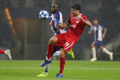 November 6, 2018 - Porto, Porto, Portugal - Porto s Malian forward Moussa Marega (L) vies with Vedran Corluka defender of FC Lokomotiv Moscow (R) during the UEFA Champions League, match between FC Porto and FC Lokomotiv Moscow, at Dragao Stadium in Porto on November 6, 2018 in Porto, Portugal. FC Porto v Lokomotiv Moscow - UEFA Champions  - ZUMAn230 20181106_zaa_n230_513 Copyright: xDpix