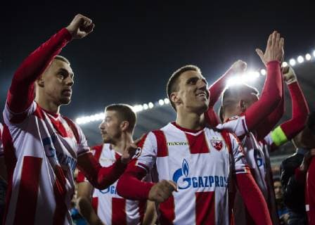 6th November 2018, Rajko Mitic Stadium, Belgrade, Serbia; UEFA Champions League football, Red Star Belgrade versus Liverpool; The players of Red Star Belgrade celebrate their victory  ActionPlus12077026 NikolaxKrstic