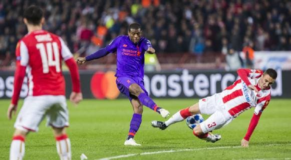 6th November 2018, Rajko Mitic Stadium, Belgrade, Serbia; UEFA Champions League football, Red Star Belgrade versus Liverpool; Branko Jovicic of Red Star Belgrade blocks the shot from Georginio Wijnaldum of Liverpool  ActionPlus12077009 NikolaxKrstic