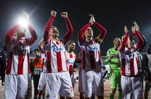 6th November 2018, Rajko Mitic Stadium, Belgrade, Serbia; UEFA Champions League football, Red Star Belgrade versus Liverpool; The players of Red Star Belgrade celebrate their victory  ActionPlus12077028 NikolaxKrstic