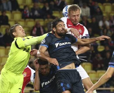 (181107) -- FONTVIEILLE, Nov. 7, 2018 -- Goalkeeper Ethan Horvath (L) of Brugge competes during the UEFA Champions League group A match between Monaco and Club Brugge in Fontvieille, Monaco on Nov. 6, 2018. Brugge won 4-0. ) (SP)MONACO-FONTVIEILLE-FOOTBALL-UEFA CHAMPIONS LEAGUE-MONACO VS BRUGGE SergexHaouzi 