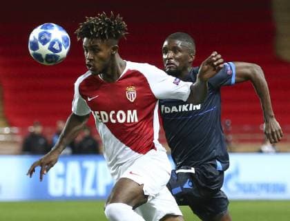 (181107) -- FONTVIEILLE, Nov. 7, 2018 -- Clinton Mata (R) of Brugge vies with Gabe Gouano of Monaco during the UEFA Champions League group A match between Monaco and Club Brugge in Fontvieille, Monaco on Nov. 6, 2018. Brugge won 4-0. ) (SP)MONACO-FONTVIEILLE-FOOTBALL-UEFA CHAMPIONS LEAGUE-MONACO VS BRUGGE SergexHaouzi 