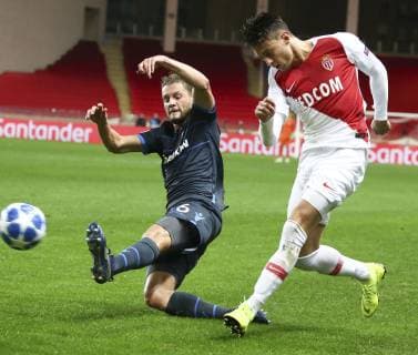 (181107) -- FONTVIEILLE, Nov. 7, 2018 -- Mats Ritz (L) of Brugge vies with Antonio Barrca of Monaco during the UEFA Champions League group A match between Monaco and Club Brugge in Fontvieille, Monaco on Nov. 6, 2018. Brugge won 4-0. ) (SP)MONACO-FONTVIEILLE-FOOTBALL-UEFA CHAMPIONS LEAGUE-MONACO VS BRUGGE SergexHaouzi 