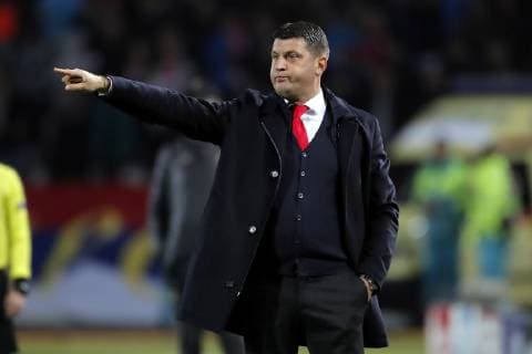 (181107) -- BELGRADE, Nov. 7, 2018 -- Crvena Zvezda s head coach Vladan Milojevic gestures during UEFA Champions League group C football match between Crvena Zvezda and Liverpool in Belgrade, Serbia on Nov. 6, 2018. Crvena Zvezda won 2-0. ) (SP)SERBIA-BELGRADE-FOOTBALL-UEFA-CRVENA ZVEZDA VS LIVERPOOL PredragxMilosavljevic 