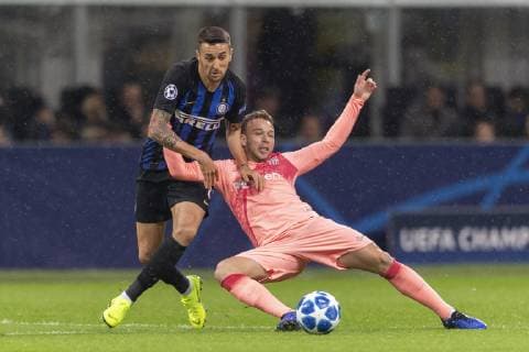 Arthur Henrique Ramos de Oliveira Melo (Barcelona) Matias Vecino Falero (Inter) during Uefa Champions League Group Stage B match between Inter 1-1 Barcelona at Giuseppe Meazza Stadium on SNovember 06, 2018 in Milano, Italy. Noxthirdxpartyxsales  (90567494)