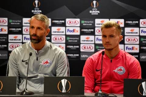 SOCCER - UEFA EL, Rosenborg vs RBS TRONDHEIM,NORWAY,07.NOV.18 - SOCCER - UEFA Europa League, group stage, Rosenborg BK vs Red Bull Salzburg, preview, press conference PK Pressekonferenz RBS. Image shows head coach Marco Rose and Fredrik Gulbrandsen (RBS). GEPAxpictures xFlorianxErtl