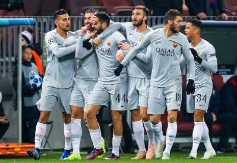 MOSCOW, RUSSIA â€“ NOVEMBER 7, 2018: AS Roma players celebrate scoring against CSKA Moscow in their 2018 19 UEFA Champions League Group G Round 4 football match at Luzhniki Stadium. Mikhail Japaridze TASS  TS09698F