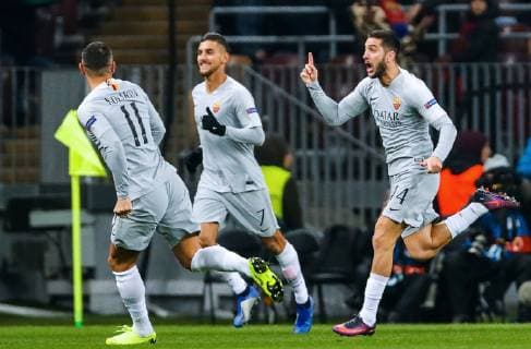 MOSCOW, RUSSIA â€“ NOVEMBER 7, 2018: AS Romaâ€™s Aleksandar Kolarov, Lorenzo Pellegrini and Kostan Manolas (L-R) celebrate scoring against CSKA Moscow in their 2018 19 UEFA Champions League Group G Round 4 football match at Luzhniki Stadium. Mikhail Japaridze TASS  TS096993