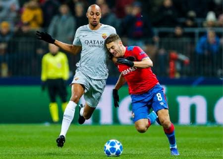 MOSCOW, RUSSIA â€“ NOVEMBER 7, 2018: AS Romaâ€™s Stven Nzonzi (L) and CSKA Moscowâ€™s Nikola Vlasic in their 2018 19 UEFA Champions League Group G Round 4 football match at Luzhniki Stadium. Mikhail Japaridze TASS  TS096995
