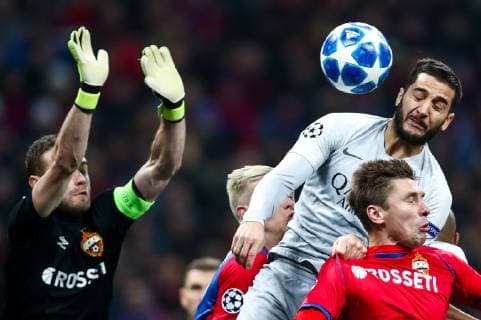MOSCOW, RUSSIA â€“ NOVEMBER 7, 2018: CSKA Moscow goalkeeper Igor Akinfeev supported by Kirill Nababkin (L-R front) defends against AS Romaâ€™s Kostas Manolas (R middle) in their 2018 19 UEFA Champions League Group G Round 4 football match at Luzhniki Stadium. Valery Sharifulin TASS  TS09699C